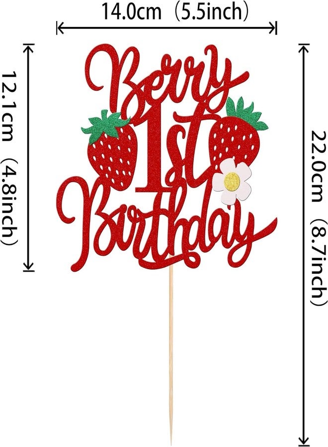 Confetti! Berry 1st Birthday Cake Topper with Flower Glitter Sweet Fruit Theme First Birthday Strawberry One Cake Pick for Strawberry Theme Baby Shower Kids 1st Birthday Party Cake Decorations - Image 2